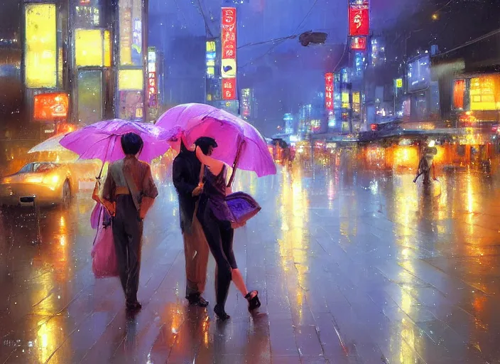 Prompt: raining tokyo night street by wlop and vladimir volegov and alexander averin and delphin enjolras and daniel f. gerhartz