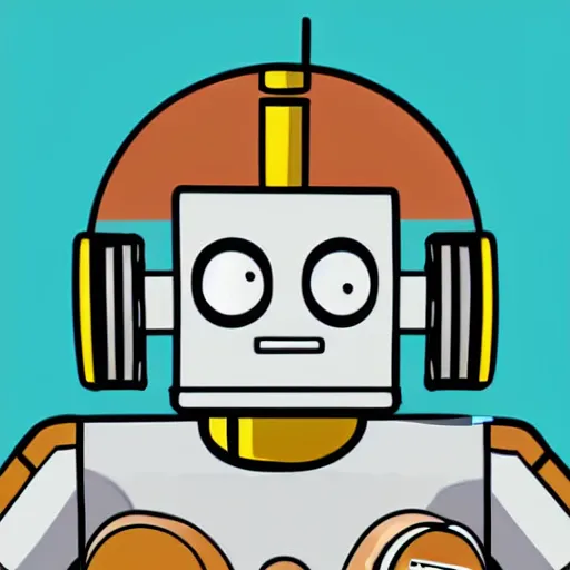 Prompt: svg sticker, centered, round-cropped, white-space-surrounding, Bender-Robot listening to headphones, flat colors, vector art