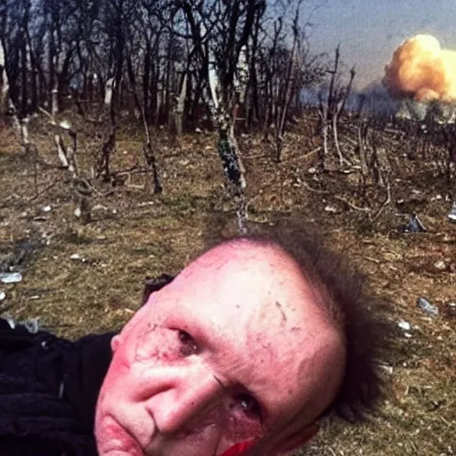 Image similar to last selfie of last alive ukrainian very damaged after a nuclear strike, a nuclear explosions in the background, 2 0 2 2