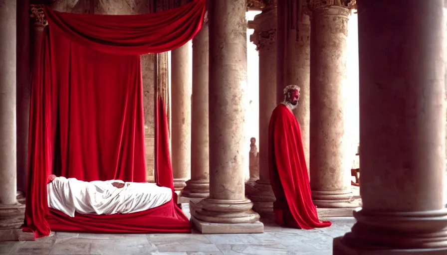 Prompt: movie still of emperor marcus aurelius, dying in his bed with red drapery in a ancient room with columns next to the ocean with palmiers, cinestill 8 0 0 t 3 5 mm, high quality, heavy grain, high detail, cinematic composition, dramatic light, anamorphic, hyperrealistic