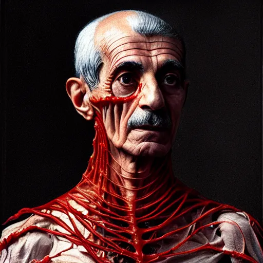 Image similar to The Shah of Iran with translucent skin, visible muscles and veins and arteries and bones and spine and nerves, beautiful detailed intricate insanely detailed octane render, 8K artistic photography, photorealistic, chiaroscuro, by David Cronenberg, Raphael, Caravaggio