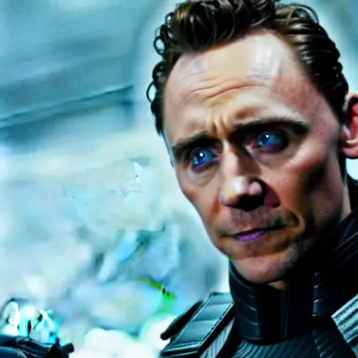 Image similar to film still of Tom Hiddleston as Nick Fury with leather patch over one eye in Avengers