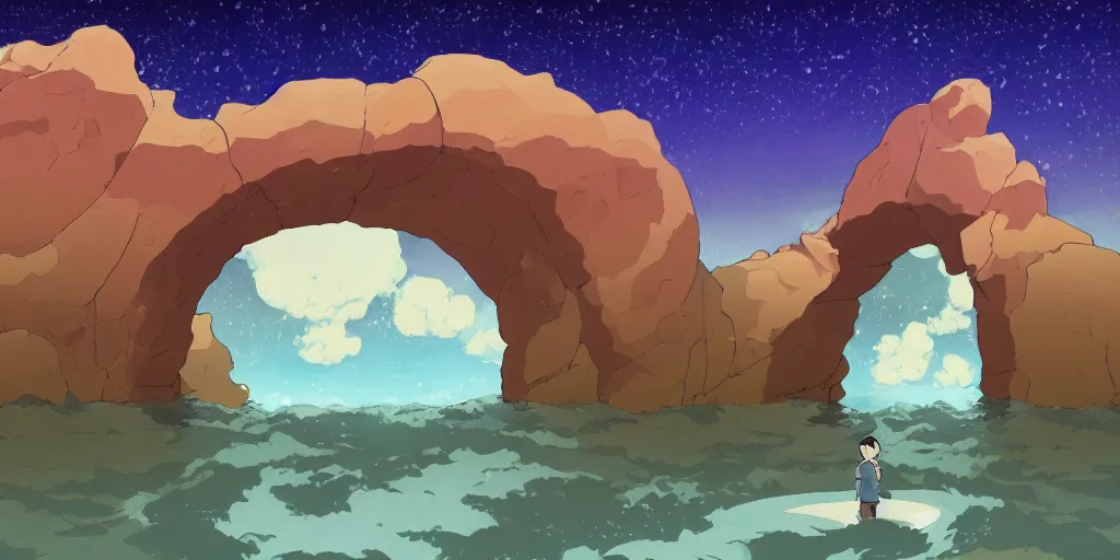 Prompt: a cell - shaded studio ghibli concept art study of an arizona rock arch time portal in the air over a flooded desert on a misty starry night. a waterfall is flowing out of the portal. very dull colors, hd, 4 k, hq