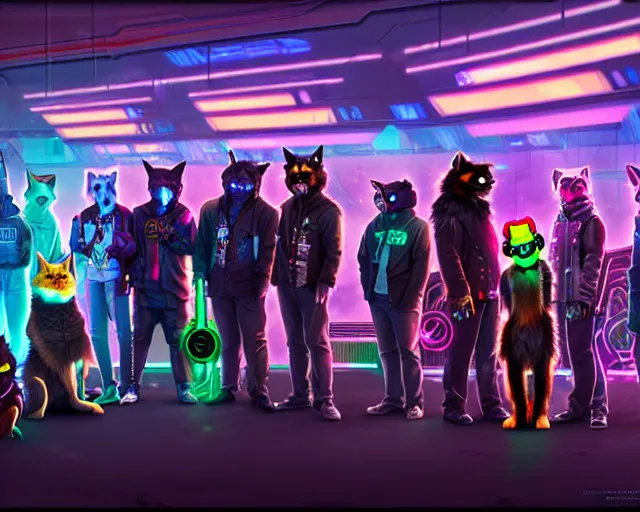 Image similar to high - resolution photograph from a cyberpunk era furry fandom convention ( midwest furfest 2 0 4 7 ), taking place after the genetic revolution and quantum singularity. photorealistic.