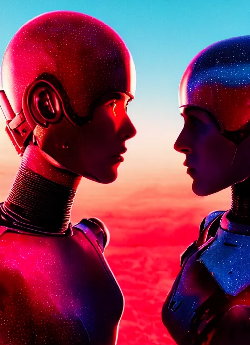 Image similar to cinestill 5 0 d photographic portrait of two loving female androids wearing rugged black techwear on a desolate plain with a red topographic holographic sky, extreme closeup, cyberpunk style, dust storm, 8 k, hd, high resolution, 3 5 mm, f / 3 2, ultra realistic faces, ex machina