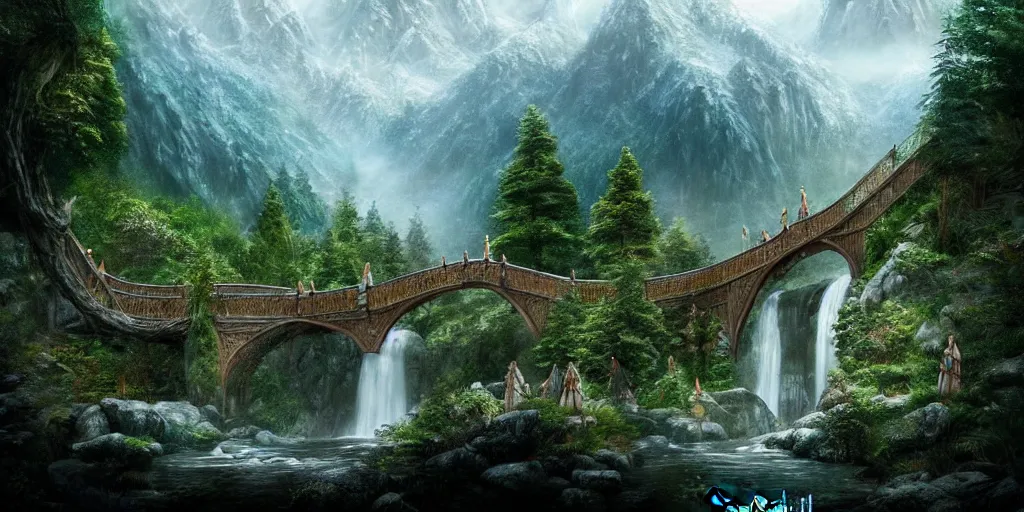 Prompt: rivendell. mountains. beautiful forest. concept art. epic. cinematic. 3 5 mm film. photorealistic, high details, artstation.