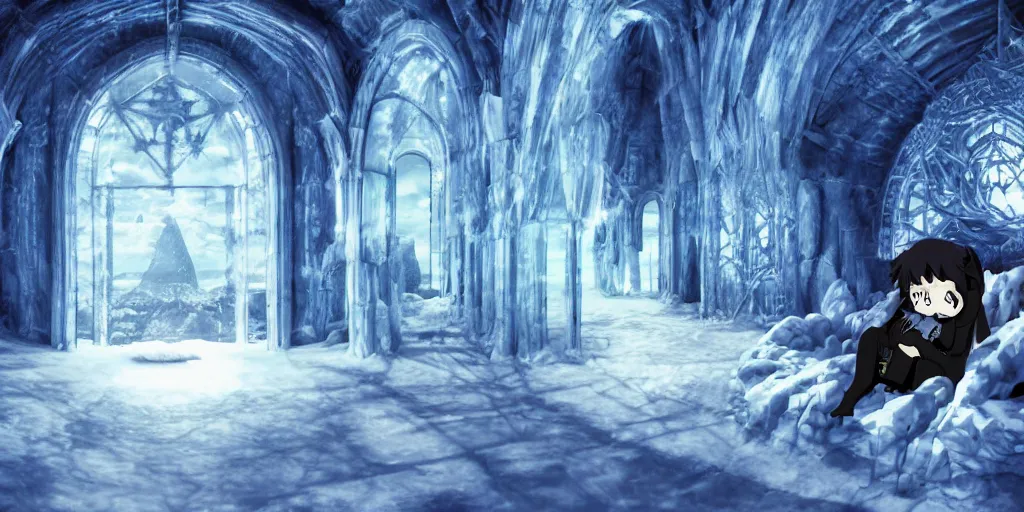 Image similar to Blue gorilla sleeping in a gothic ice castle, panoramic view, anime style