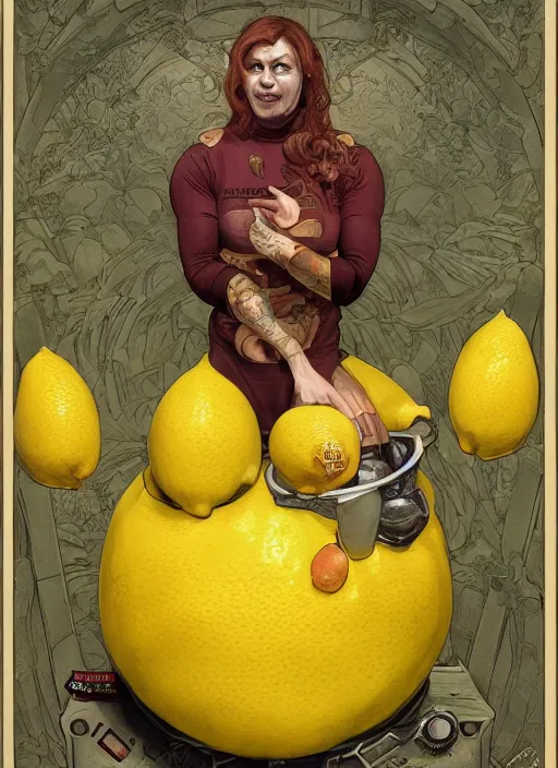 Prompt: renaissance grotesque full body portrait painting of angry crossfit lemon with a face in a lemon themed spaceship going to a lemon portal, superior, character redesign by lee bermejo and greg rutkowski and alphonse mucha