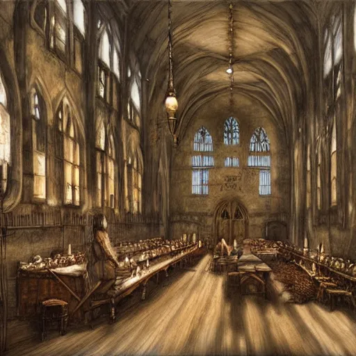 Image similar to howarts great hall, a detailed matte painting by anton pieck, deviantart contest winner, fantasy art, concept art, official art, matte drawing