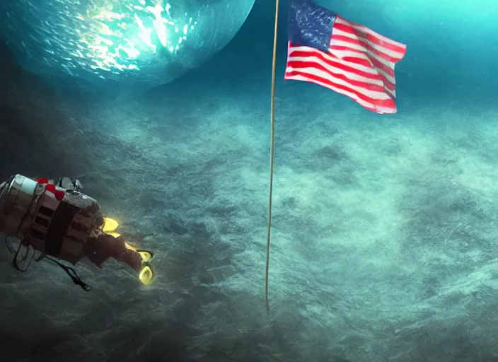 Image similar to astronaut underwater putting a flag on the sand in the bottom of the ocean. in the background, a spherical submarine is visible. dark, concept art, cinematic, dramatic, atmospheric, 8 k, trending on artstation, zack snyder