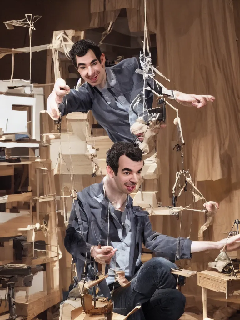 Image similar to photograph of nathan fielder behind a puppet stage controlling a marionette by the strings, high detail, 8 k, photorealism, sharp focus, volumetric lighting