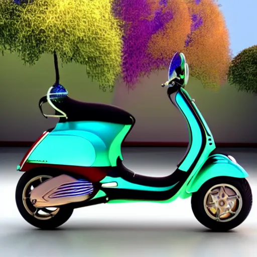 Image similar to futuristic luxury Vespa scooters 3D model with psychadelic colors for rich hippies and nature lovers.