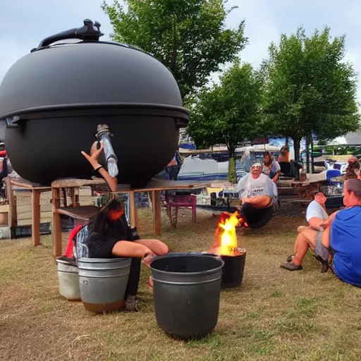 Prompt: a huge dutch oven in the town. the dutch oven has people drinking beer in front of it