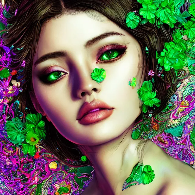 Prompt: an absurdly beautiful, elegant, young hypercolorful sensual gravure idol partially made up of emeralds and green petals, ultrafine hyperrealistic detailed face illustration by kim jung gi, irakli nadar, intricate linework, sharp focus, bright colors, matte, octopath traveler, final fantasy, unreal engine highly rendered, global illumination, radiant light, intricate environment