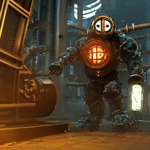 Prompt: big daddy bioshock terrorizing a city drill arm destruction