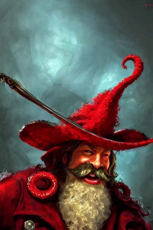 Prompt: A centered portrait of a smug drunken Cthulhu bard with a curly moustache and a large musketeer hat with a red feather by Craig Mullins, HD, broad shoulders::trending on artstation::painted sea on background by Craig Mullins