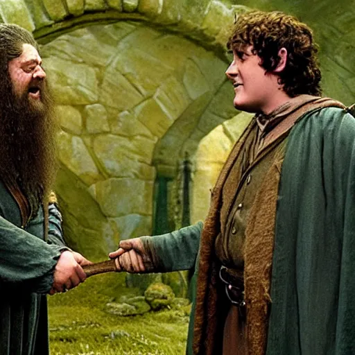 Image similar to frodo baggins meeting hagrid in hogwarts