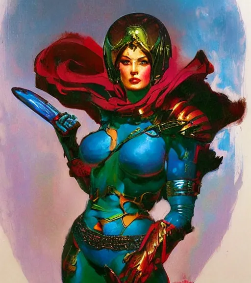 Image similar to portrait of strong iranian female chaos angel, beautiful! coherent! by frank frazetta, by brom, strong line, vivid neon color, shining metal power armor, iron helm, high contrast, maximalist