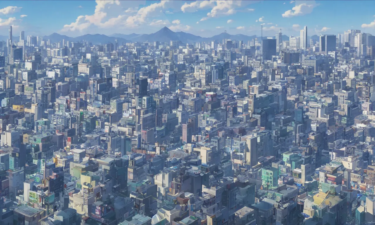 Prompt: A screenshot of a city view of seoul in the scene in the Makoto Shinkai anime film Kimi no na wa, pretty rim highlights and specular