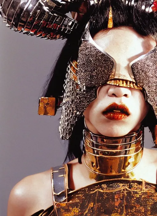 Prompt: close - up portrait of beautiful young woman dressed gladiator with metallic armor, art by nobuyoshi araki