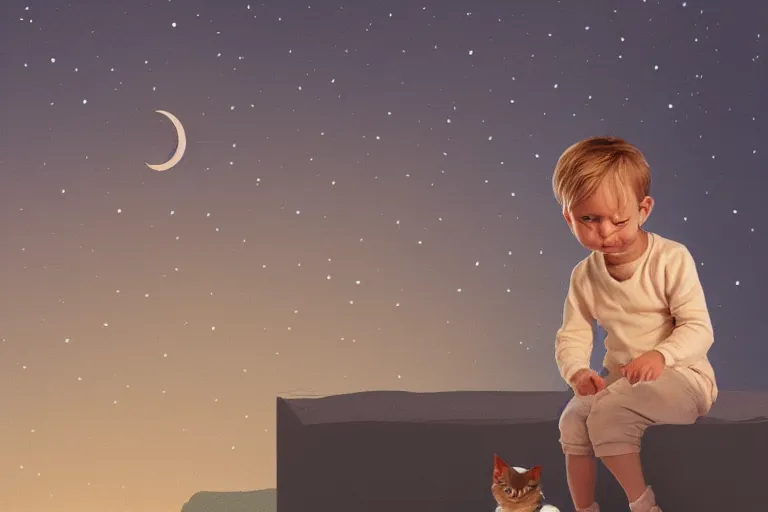 Image similar to portrait of a little boy waving his hand, his cat sits alongside, photorealistic face and skin tones, dreamy moonlit nightscape by the garden, lake house, smooth, matte colors, trending on artstation, 4 k, 8 k