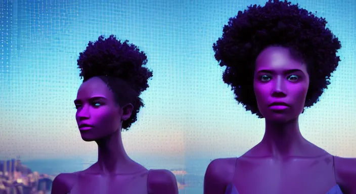 Image similar to portrait of beautiful cyberpunk black woman with afro hair, rio de janeiro pao de acucar corcovado ipanema on the background, blue and purple digital art trending on artstation, beeple, soft lighting, bokeh