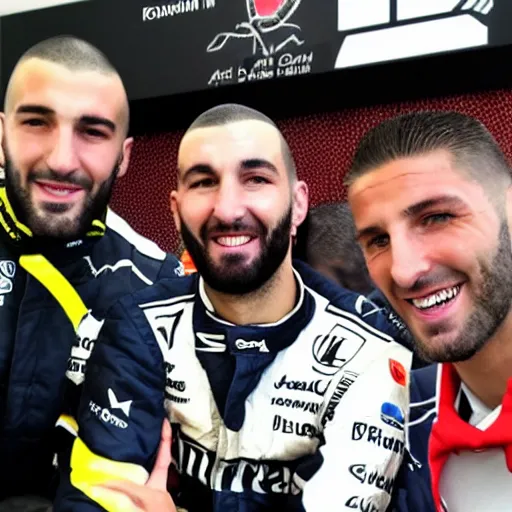 Prompt: Karim benzema in a formula 1 car racing Olivier giroud who's driving a kart