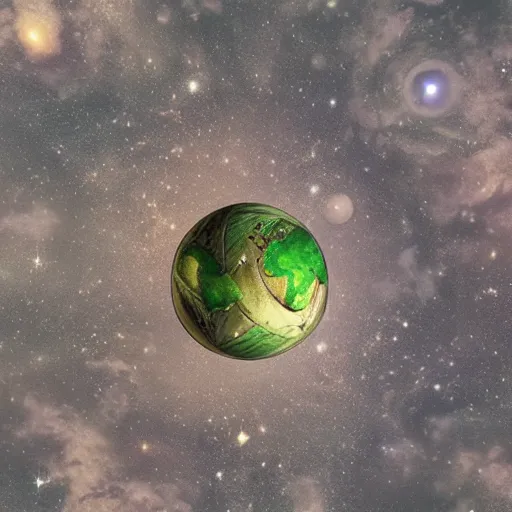 Image similar to Mystserious creature holding earth in space, view from above,