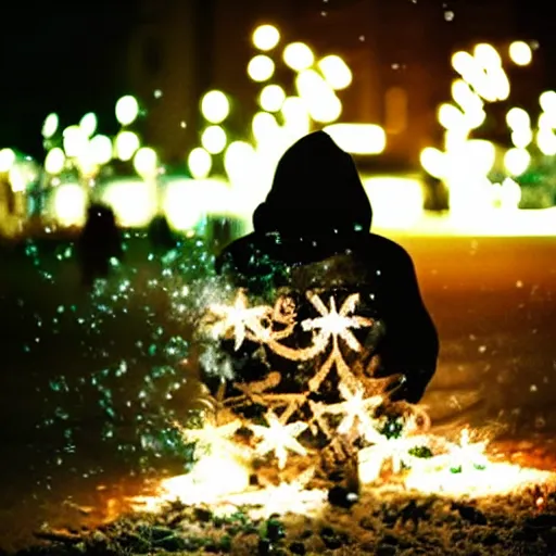 Image similar to close up front side view, man sitting on park bench on christmas eve smoking cigarette snowing snowy. cigarette glowing embers smoke volumetric c4d. harsh lighting, live action photo 1993 film. bokeh Christmas lights in the background