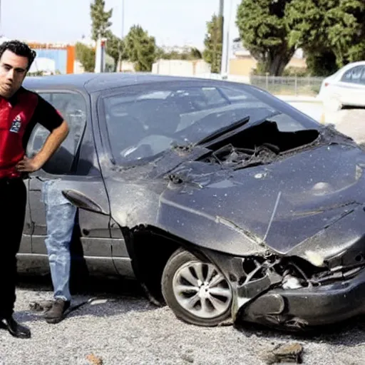 Prompt: xavi hernandez next to a crashed car, in vallecas