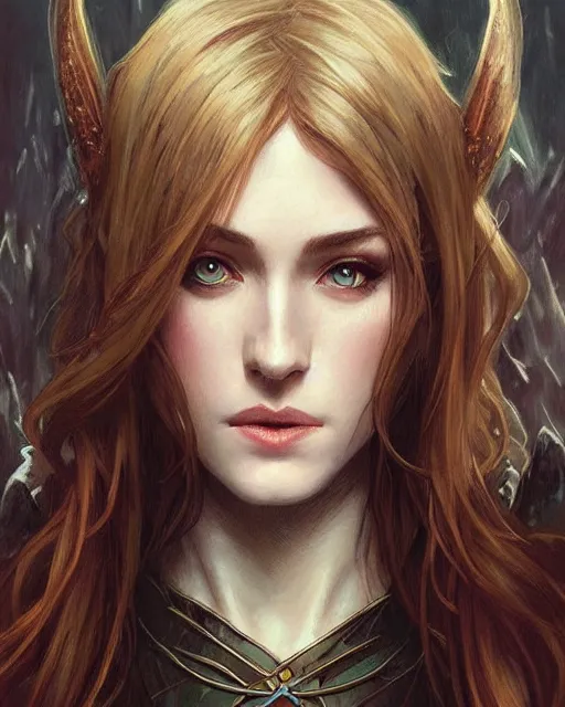 Image similar to portrait of katherine mcnamara elven mage, dark, piercing eyes, gentle expression, elegant clothing, photorealistic, highly detailed, artstation, smooth, sharp focus, art by michael whelan, artgerm, greg rutkowski and alphonse mucha