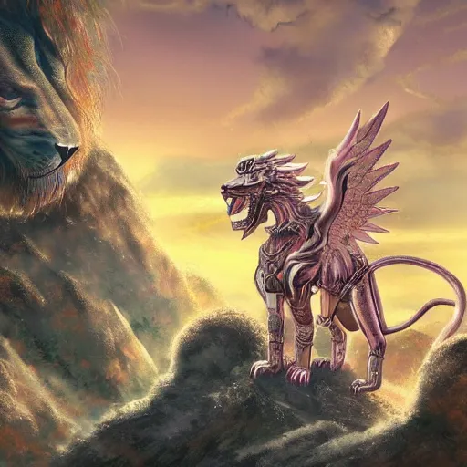 Prompt: the ancient world, hyper complexity, highly detailed, cinematic lighting, pastel colored sunrise, flying robotic lions with gold metal huge wings on the back in the sky, sharp outlines, whole body, drone view, hyperrealistic, trending on pixiv fanbox, love death robot,