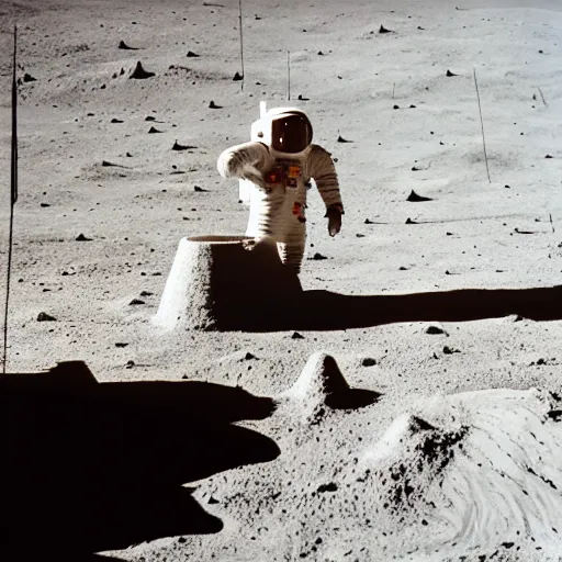 Image similar to photo of astronaut building a sand castle on the moon, 3 5 mm, full - hd