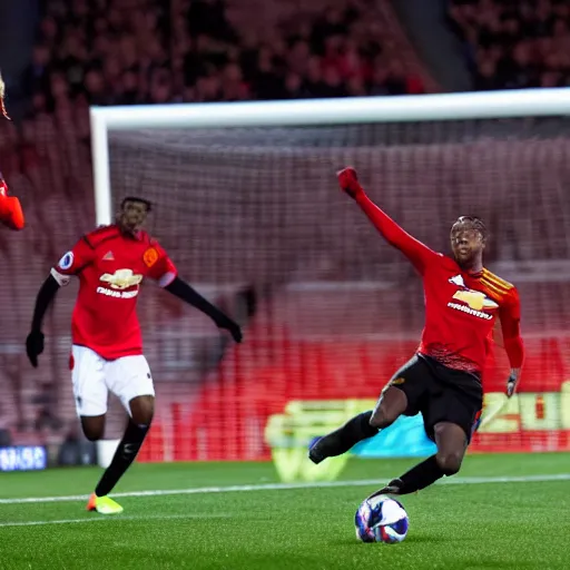Prompt: TV's Roy Kent scoring a goal for for Manchester United in 2019