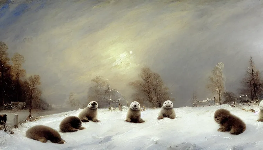 Image similar to highly detailed closeup painting of cute furry white baby seals inside a snowy playpark by william turner, by greg rutkowski, by william constable, thick brush strokes and visible paint layers, 4 k resolution