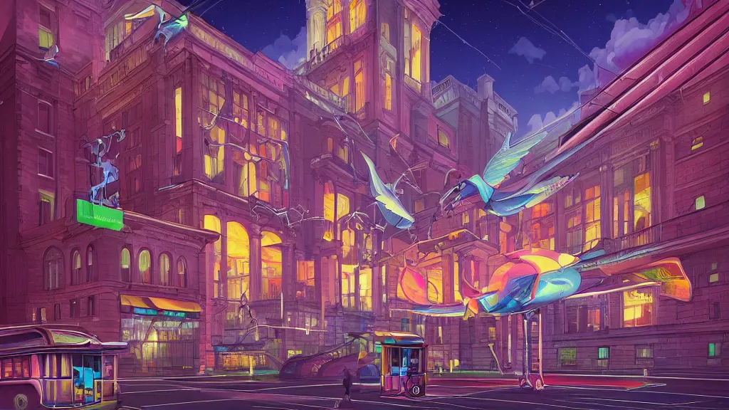 Image similar to street view of the national museum in the city at night by cyril rolando and naomi okubo and dan mumford and zaha hadid. flying cars. advertisements. neon. tram.