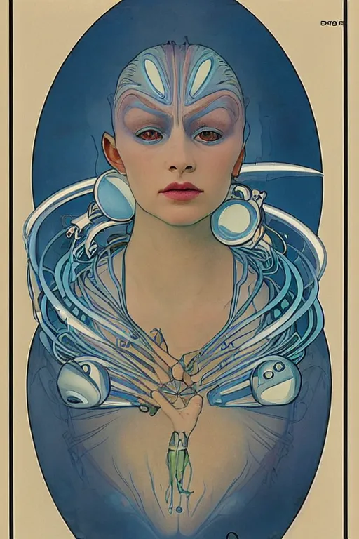 Prompt: beautiful portrait of a blue alien woman with 4 insect eyes, wearing an outfit made from plutonium, silicone skin, symmetrical face, by alphonso mucha, ear piercings resembling plasma jets, the 5 th element, cinematrographic, hyperrealism elegant, soft shapes, sharp details, 3 5 mm, f / 2 4, masterpiece