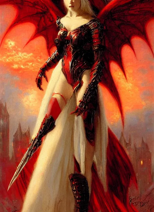 Prompt: angel knight gothic girl in dark and red dragon armor. by gaston bussiere