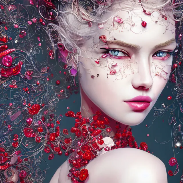 Image similar to studio portrait of absurdly beautiful, elegant, young hypercolorful woman made of rubies and red gems, ultrafine hyperrealistic detailed face illustration by kim jung gi, irakli nadar, intricate linework, sharp focus, bright colors, matte, octopath traveler, final fantasy, unreal engine highly rendered, global illumination, radiant light, intricate environment