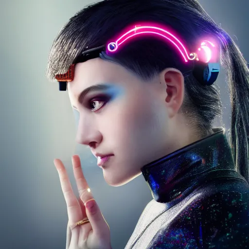 Prompt: a cyberpunk girl with a scifi neuralink device on her head