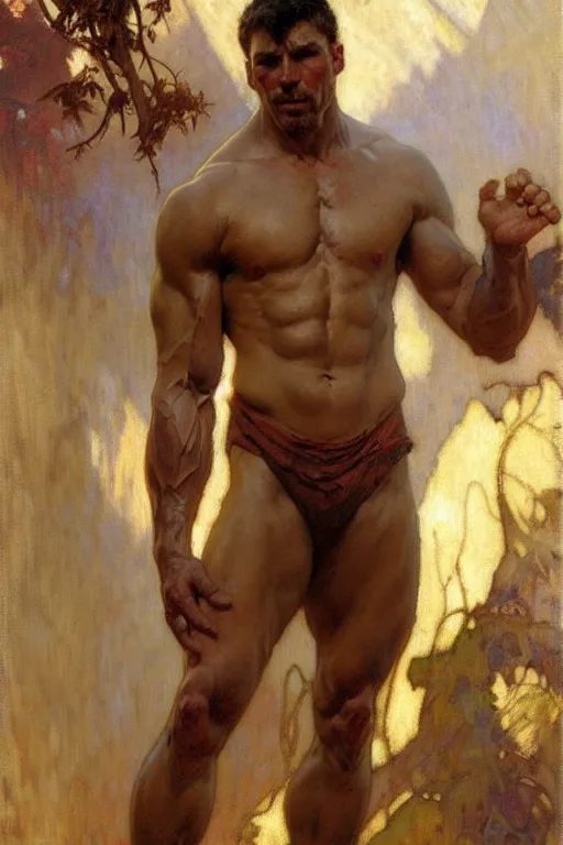 Image similar to muscular man, painting by gaston bussiere, craig mullins, greg rutkowski, alphonse mucha