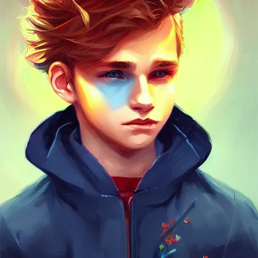 Image similar to colorful and Festive Captivating young boy with wavy blonde hair, navy blue jacket and blue shorts. rich vivid colors, ambient lighting, dynamic lighting, 4k, atmospheric lighting, painted, intricate, highly detailed by Charlie Bowater