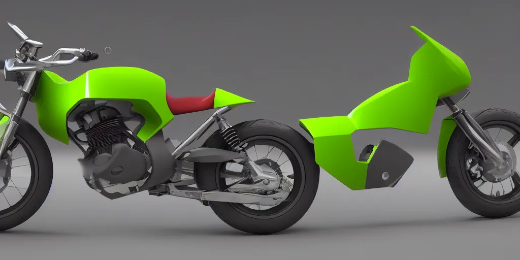 Image similar to a motorbike in the shape & color of an avocado!!!, vehicle concept photo!!, 8k!!,amazing quality!!! Unreal engine 5!!! Studio lighting!!! Cinema 4D!! Parking garage lighting!