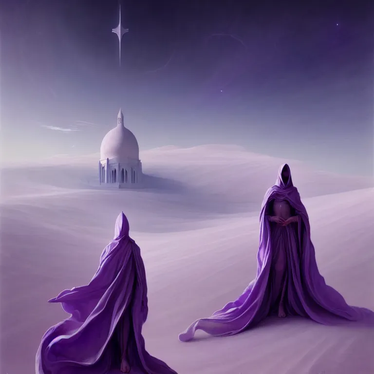 Image similar to one lone singular swirling otherworldly angelic figure shrouded in violet robes emerges from extensive barren white dunescape, matte painting by peter mohrbacher and filip hodas, background basilica! sacre coeur, godrays, high contrast, highly detailed, a