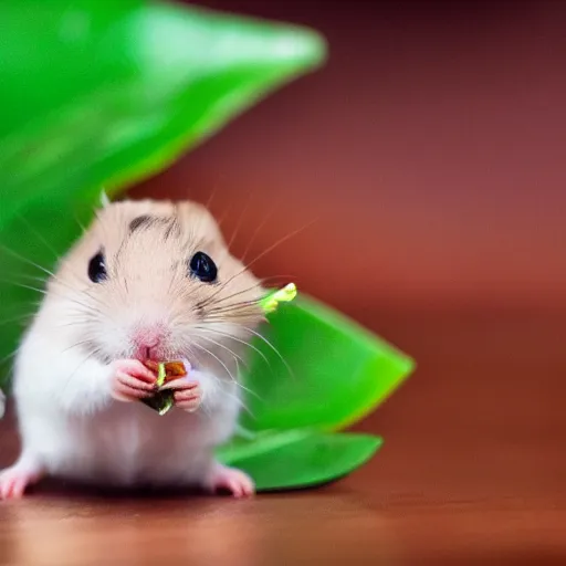 Image similar to a very tiny dwarf hamster eating a large tropical leaf, realistic, depth of field, bokeh blur, studio lighting, detailed, 4 k ultra hd