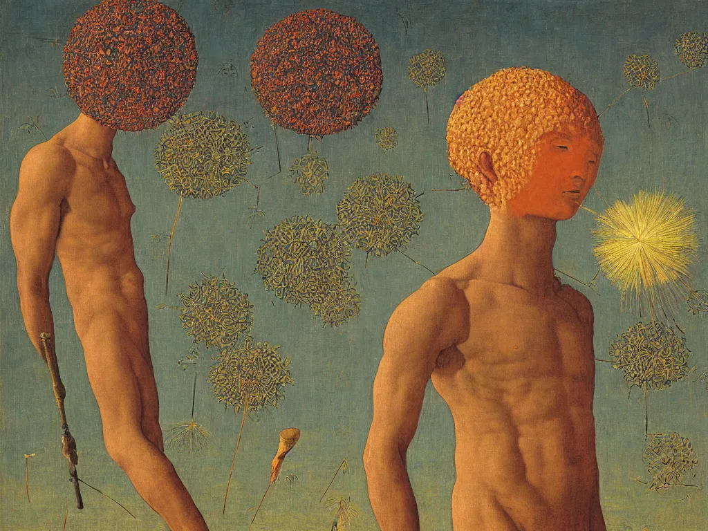 Image similar to African god mask fountainhead with glowing Dandelion seed storm. Painting by Rene Magritte, Piero della Francesca, Jean Delville, Max Ernst, Maria Sybilla Merian