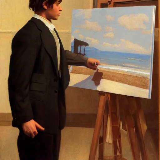 Image similar to Harold knight painting of zach efron posing in a studio,