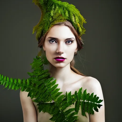Prompt: a photo of a female model, orgnic headpiece, fern, vines, horn, moss, fashion photography, realistic, hyperdetails
