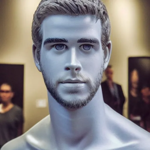 Image similar to “ a realistic detailed photo of a guy who is an attractive humanoid who is half robot and half humanoid, who is a male android, actor liam hemsworth, shiny skin, posing like a statue, blank stare, at the museum, on display ”