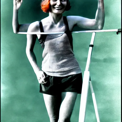 Image similar to a 1 9 2 8 color portrait. happy, healthy, smiling, sporty, glowing greta garbo in athletic wear with big smile and healthy teeth. colorful, realistic, high quality.